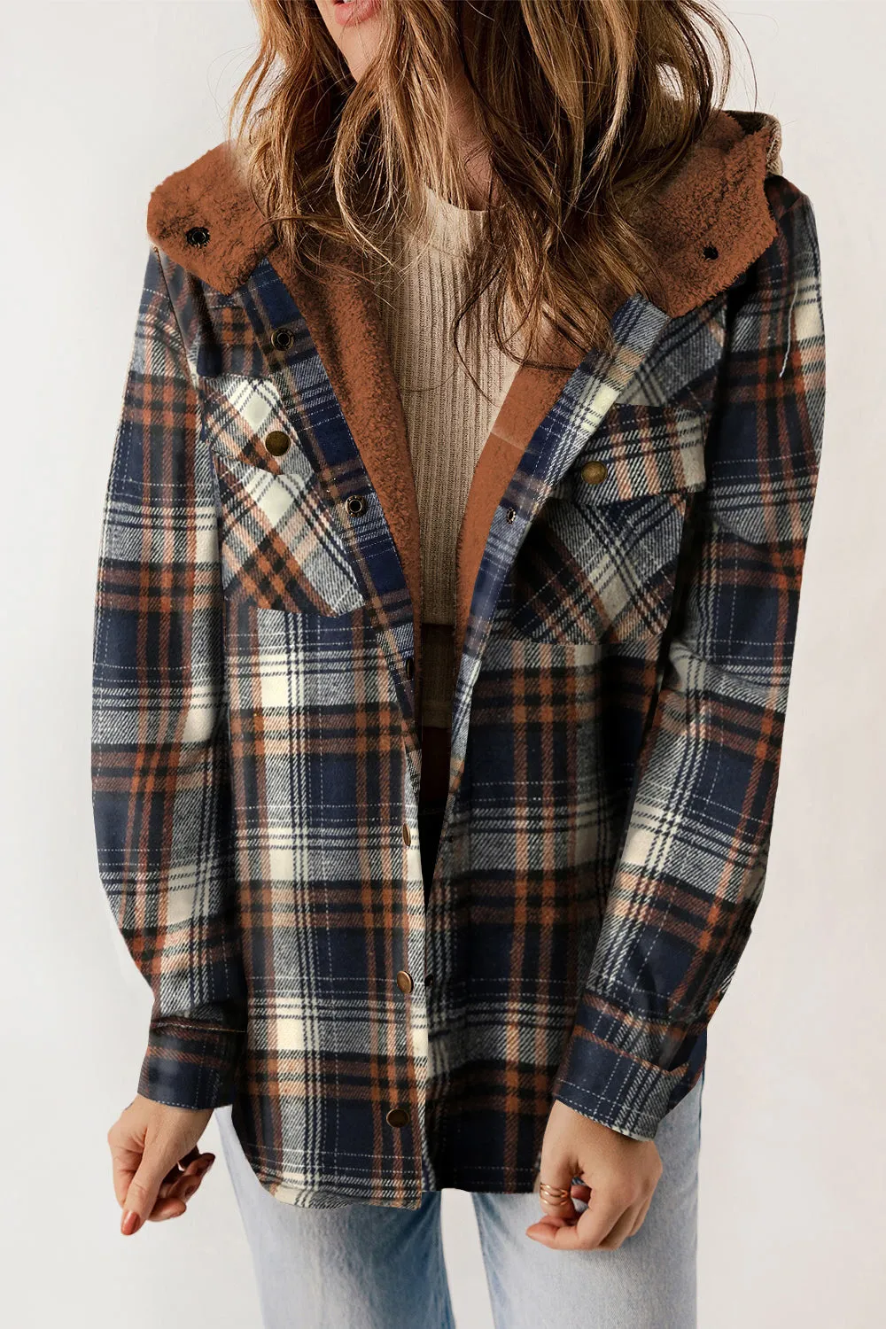 Plaid Flannel Teddy Bear Lined Snap Down Hooded Jacket - 6 colors