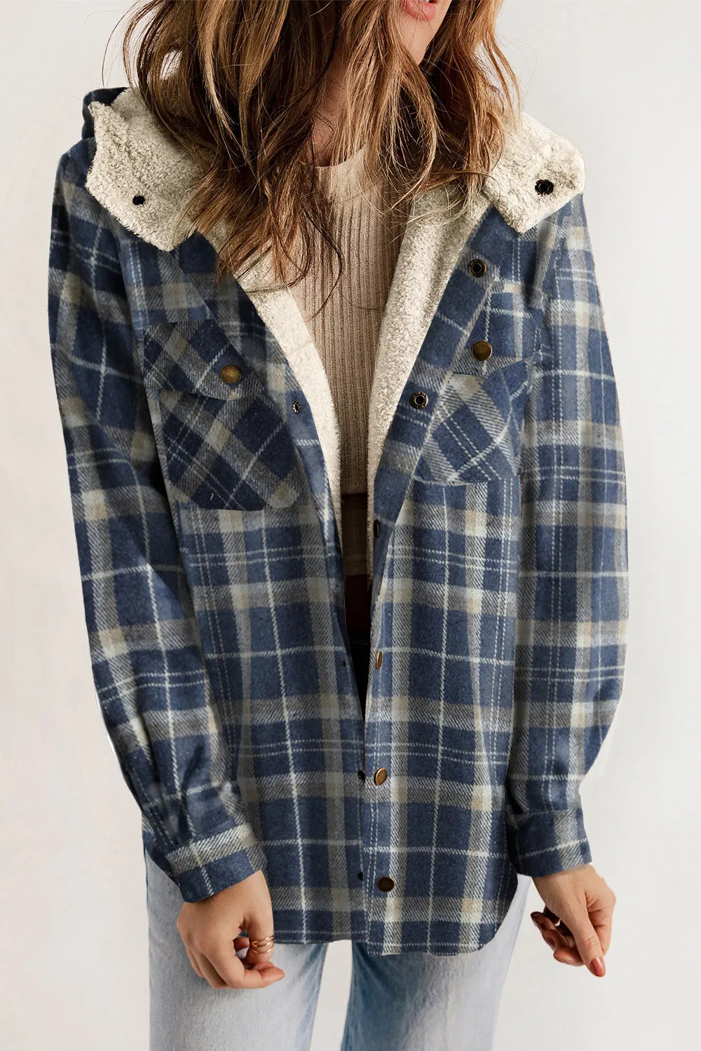 Plaid Flannel Teddy Bear Lined Snap Down Hooded Jacket - 6 colors