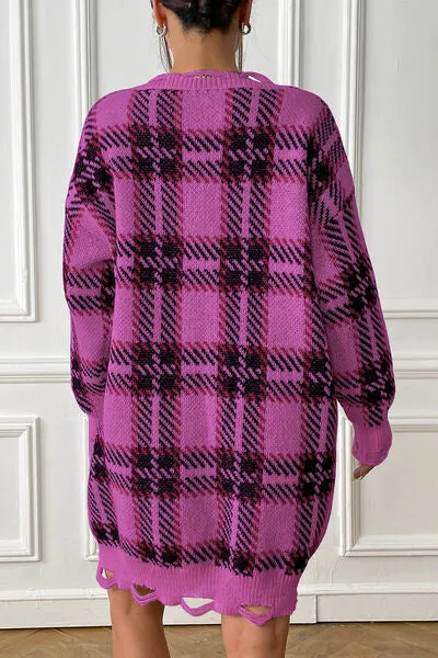 Plaid V-Neck Long Sleeve Sweater Dress