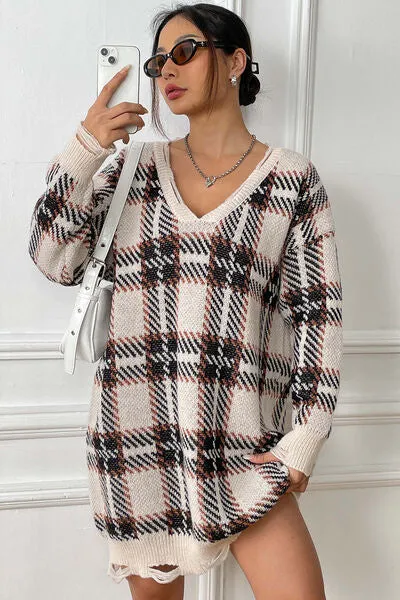 Plaid V-Neck Long Sleeve Sweater Dress