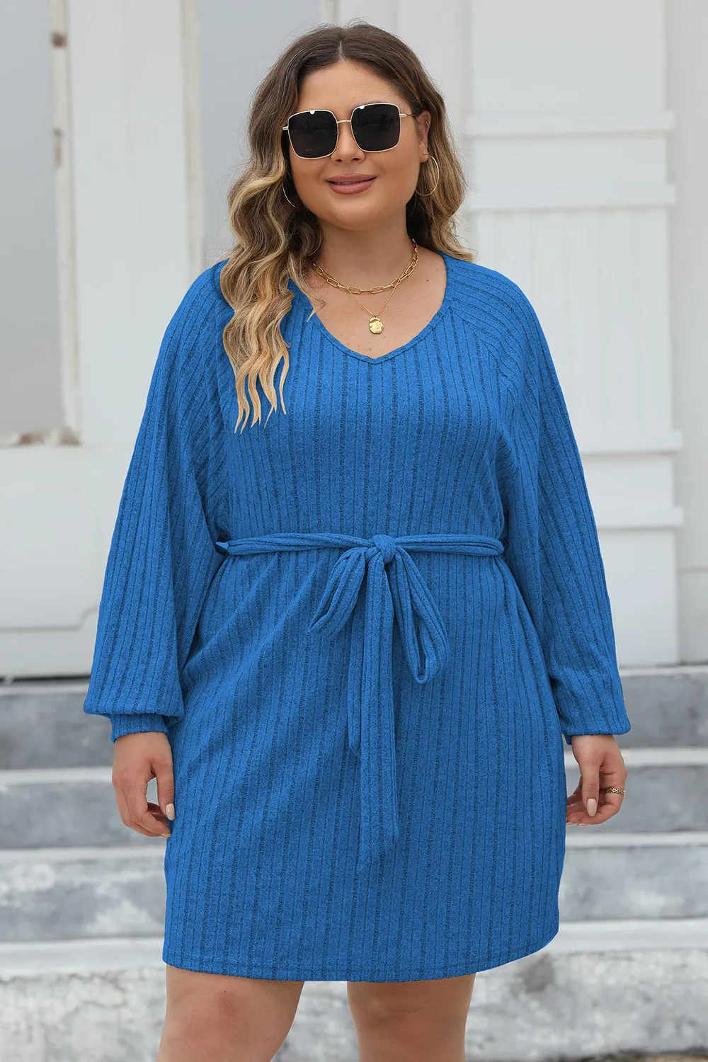 Plus Size Ribbed Tie Front Long Sleeve Sweater Dress