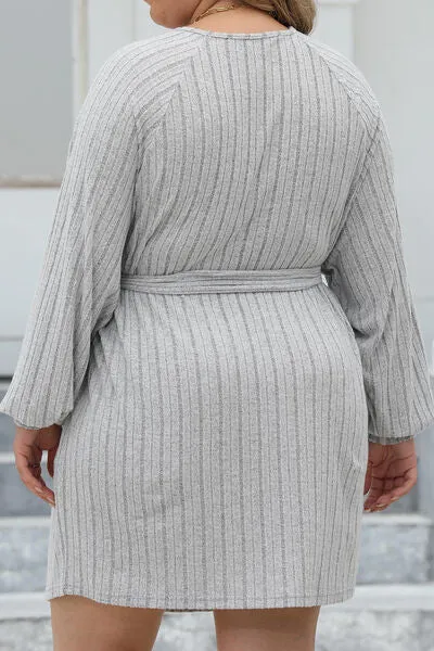 Plus Size Ribbed Tie Front Long Sleeve Sweater Dress