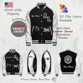 Premium Letter Custom Varsity Letterman Jackets For Men with Genuine Cowhide Leather Sleeves - Black