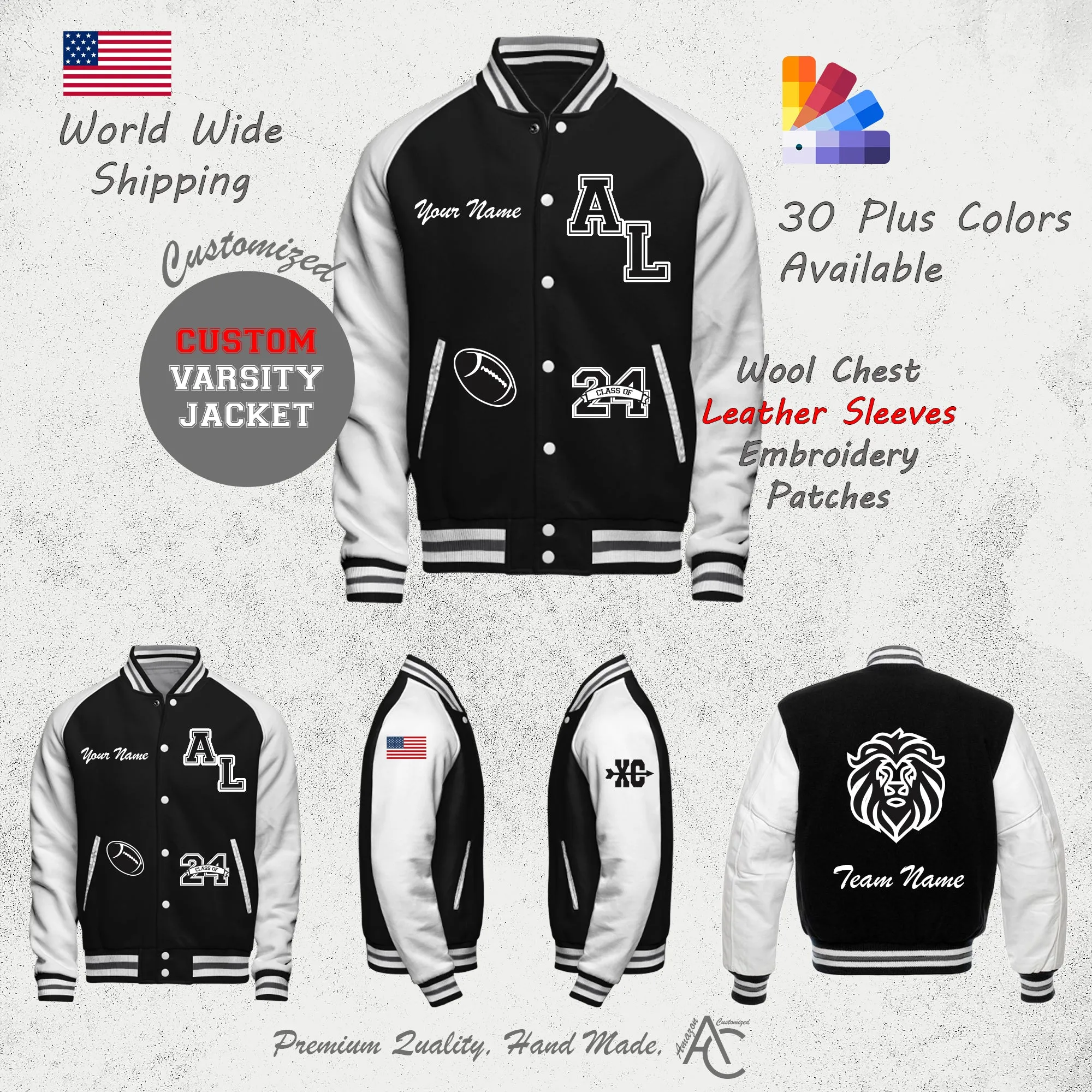 Premium Letter Custom Varsity Letterman Jackets For Men with Genuine Cowhide Leather Sleeves - Black