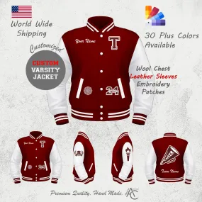 Premium  Letter Custom Varsity Letterman Jackets For Women with Genuine Cowhide Leather Sleeves- Maroon White