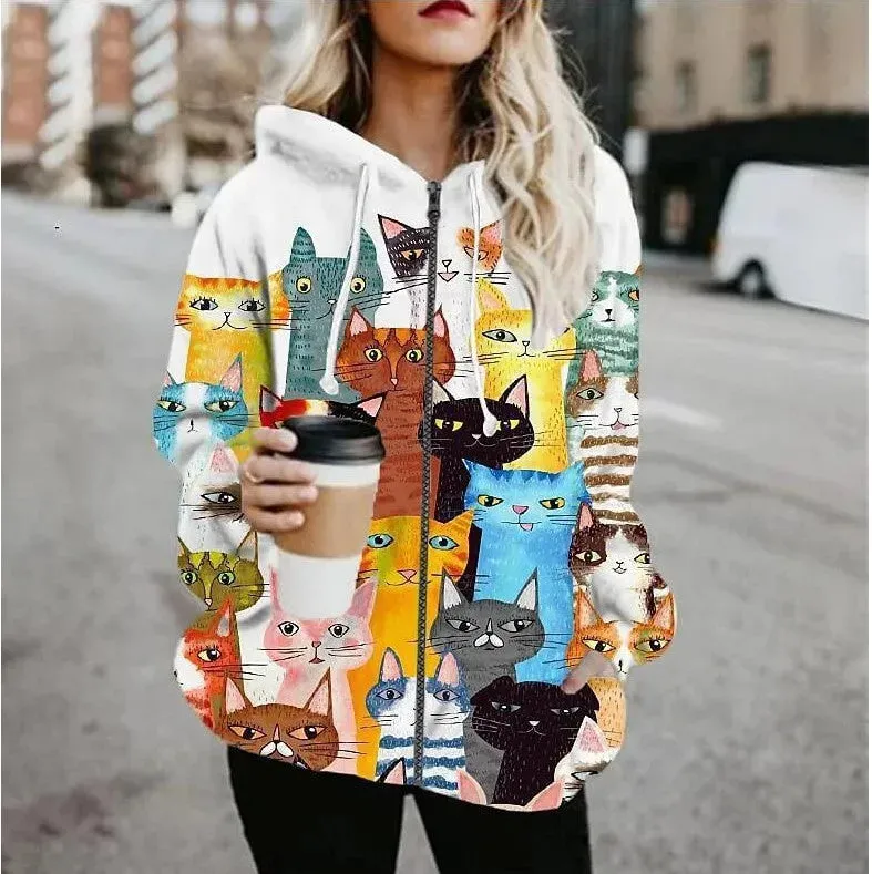 Printed Anime Cartoon Casual Fashion Zip up Hoodie Cardigan women