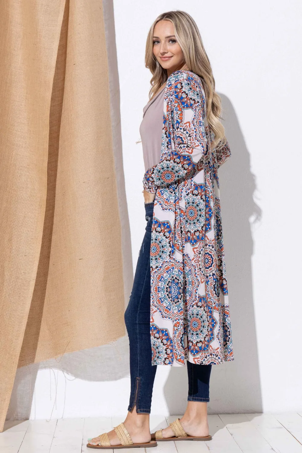 Printed Kimono Open Front Longline Cardigan