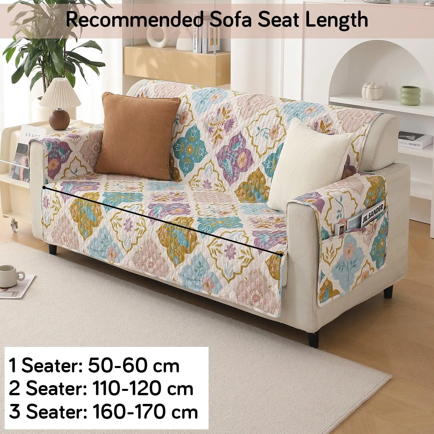 Quilted Printed Polyester Sofa Cover Mat for 1/2/3 Seater Sofa with Side Pockets, Pet Friendly, Quatrefoil Multicolor