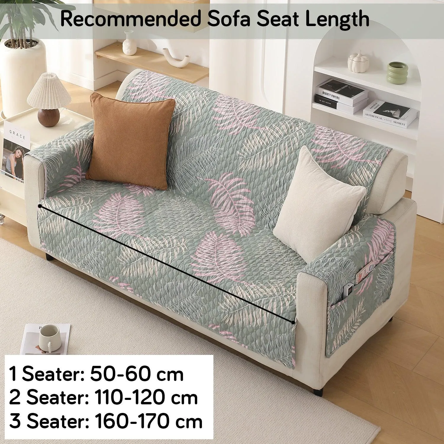 Quilted Printed Polyester Sofa Cover Mat for 1/2/3 Seater Sofa with Side Pockets, Pet Friendly, Tropical Leaves Pastel Green