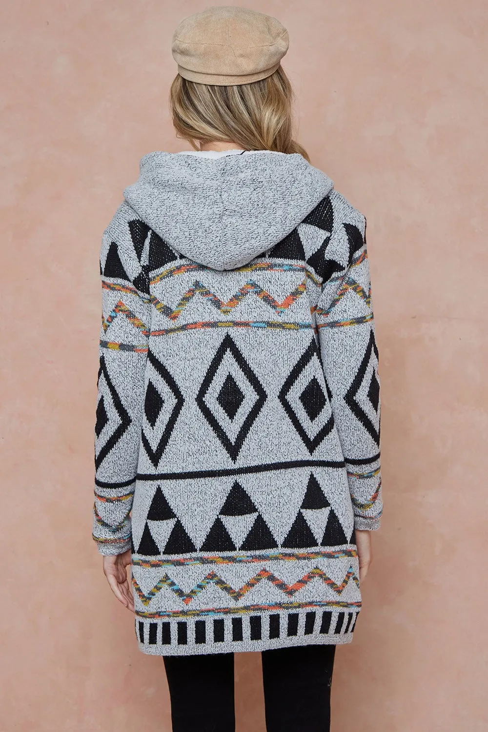 Rainbow Aztec Patterned Hooded Sweater Cardigan with Sherpa Lining