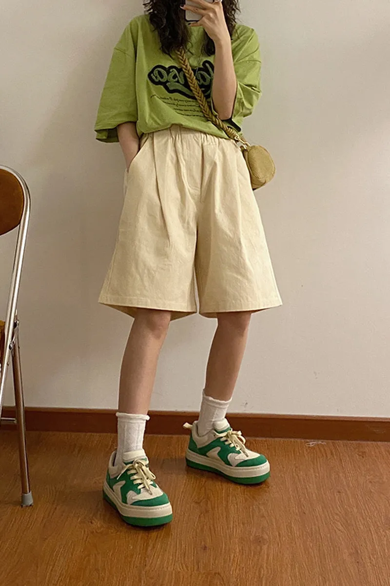 Retro Loose Straight Cargo Shorts High Waist Wide-Leg Cropped Pants Versatile Casual Style