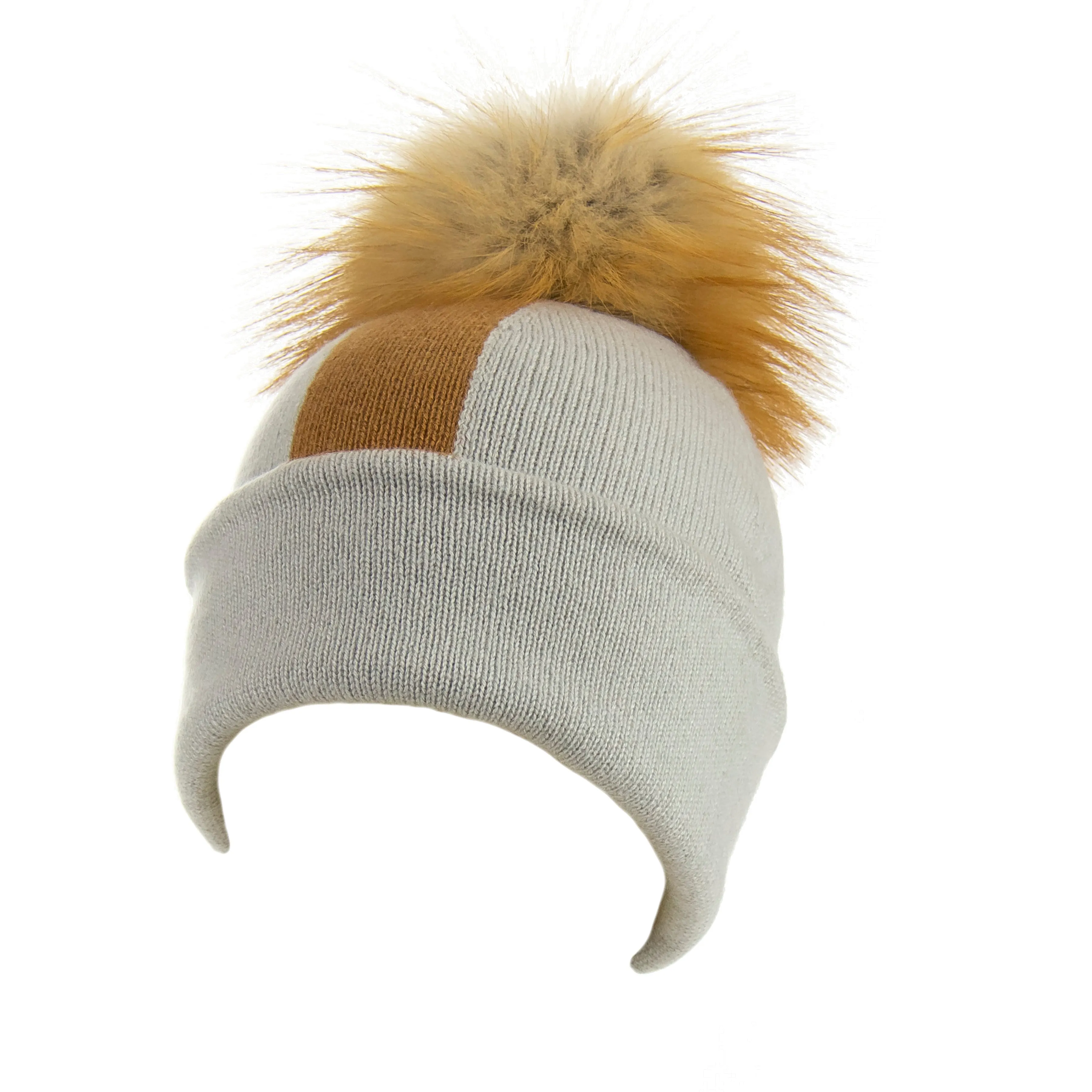 Reversible Slouchy Grey & Caramel Striped Cashmere Hat with Light Caramel Pom-Pom