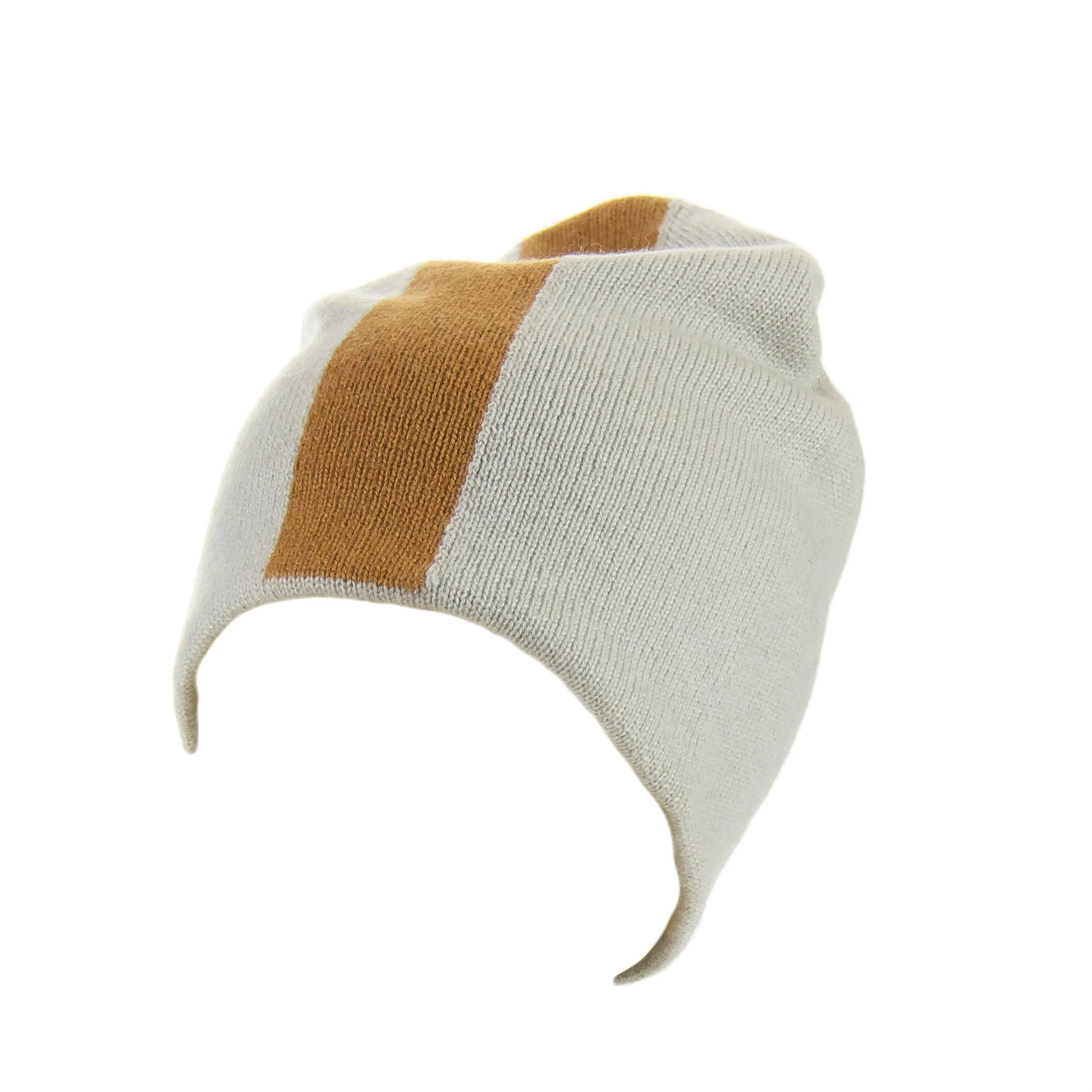 Reversible Slouchy Grey & Caramel Striped Cashmere Hat with Light Caramel Pom-Pom