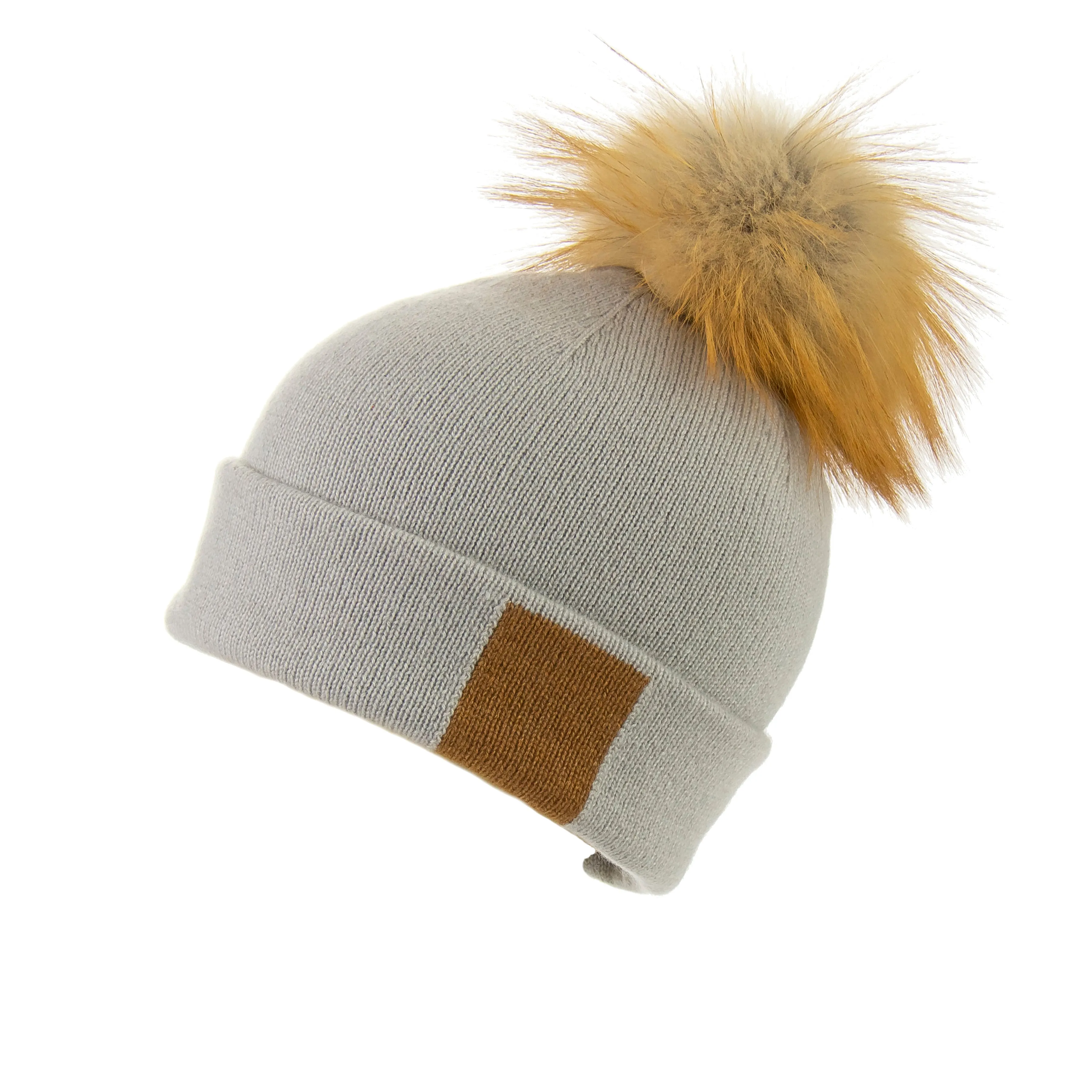 Reversible Slouchy Grey & Caramel Striped Cashmere Hat with Light Caramel Pom-Pom