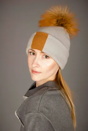 Reversible Slouchy Grey & Caramel Striped Cashmere Hat with Light Caramel Pom-Pom