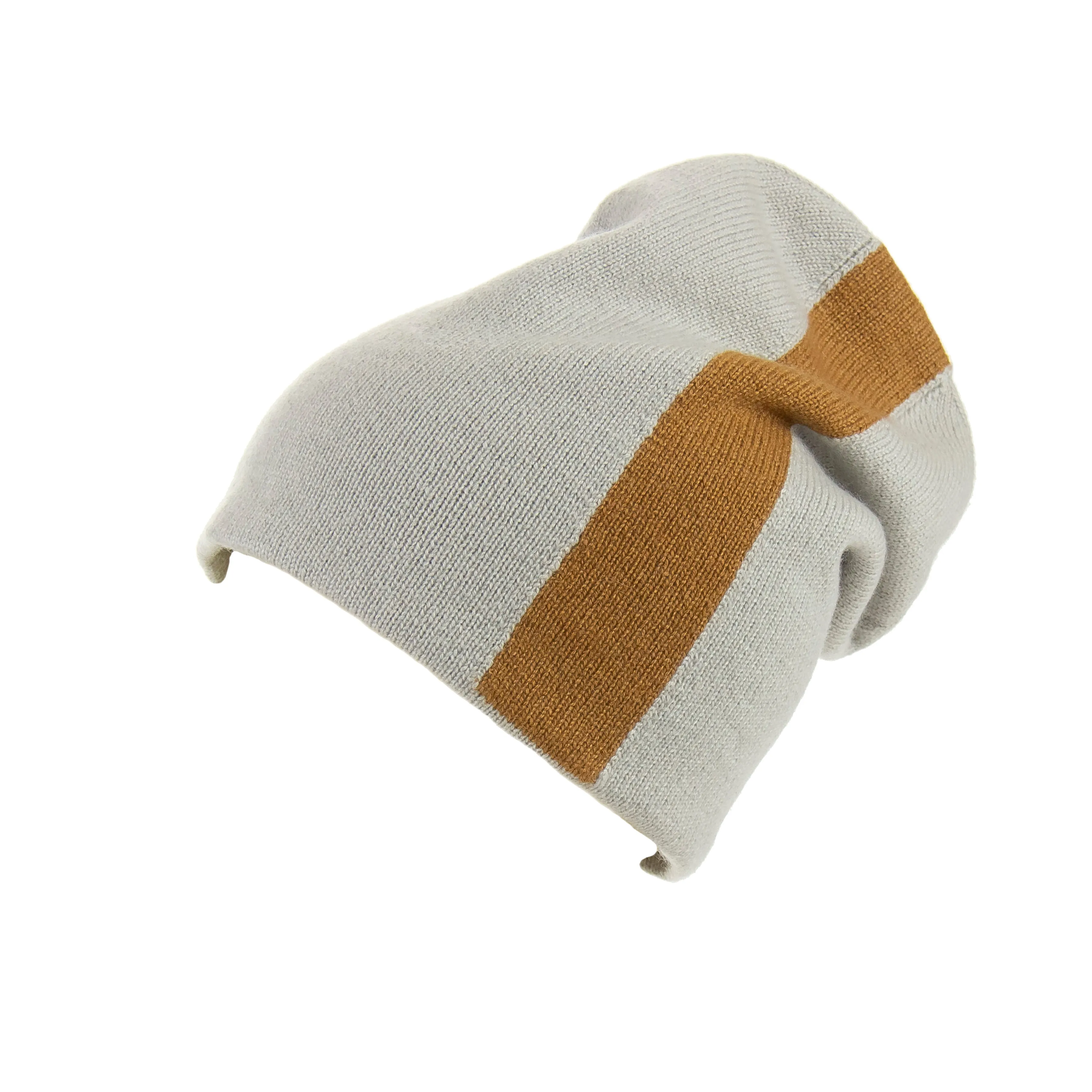 Reversible Slouchy Grey & Caramel Striped Cashmere Hat with Light Caramel Pom-Pom