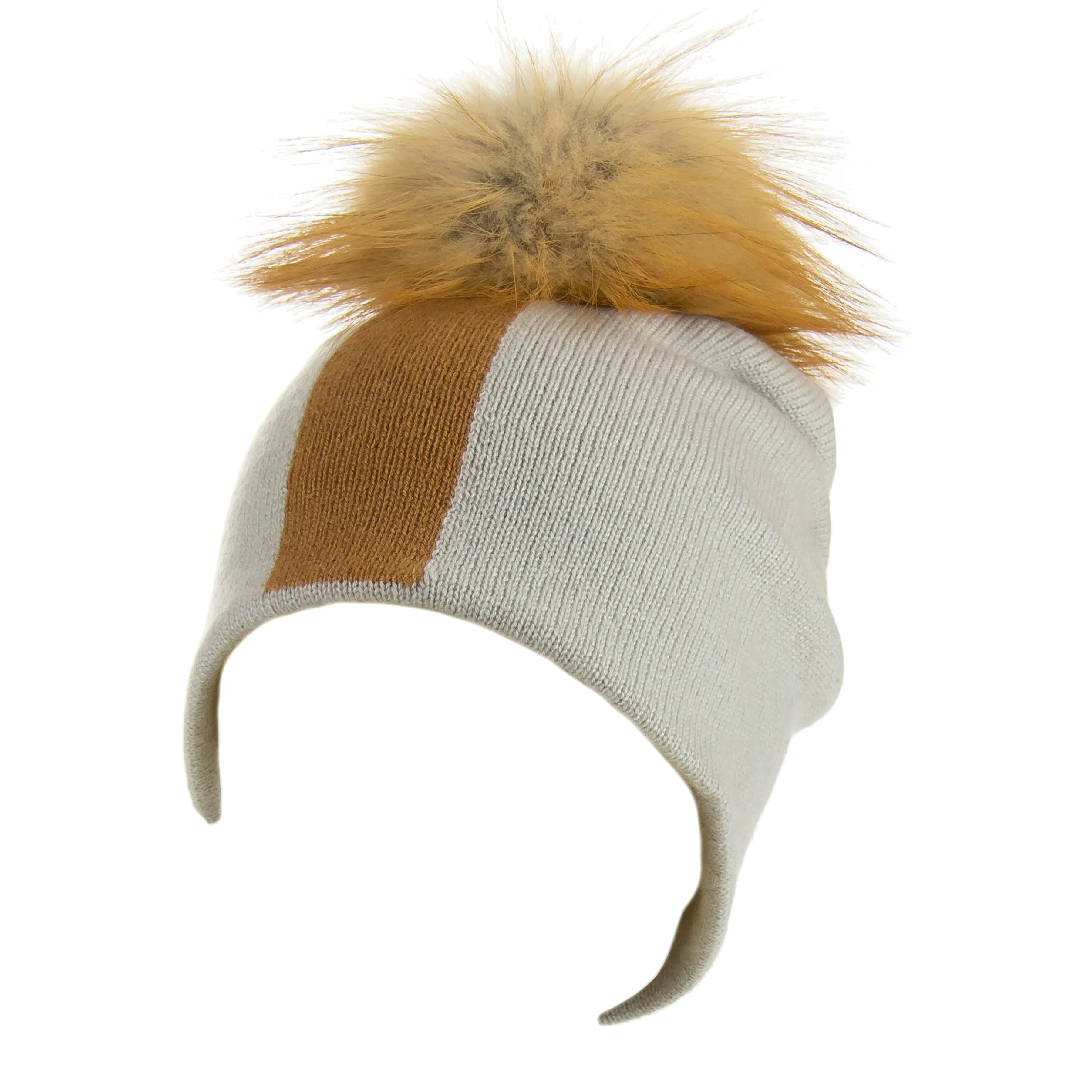 Reversible Slouchy Grey & Caramel Striped Cashmere Hat with Light Caramel Pom-Pom