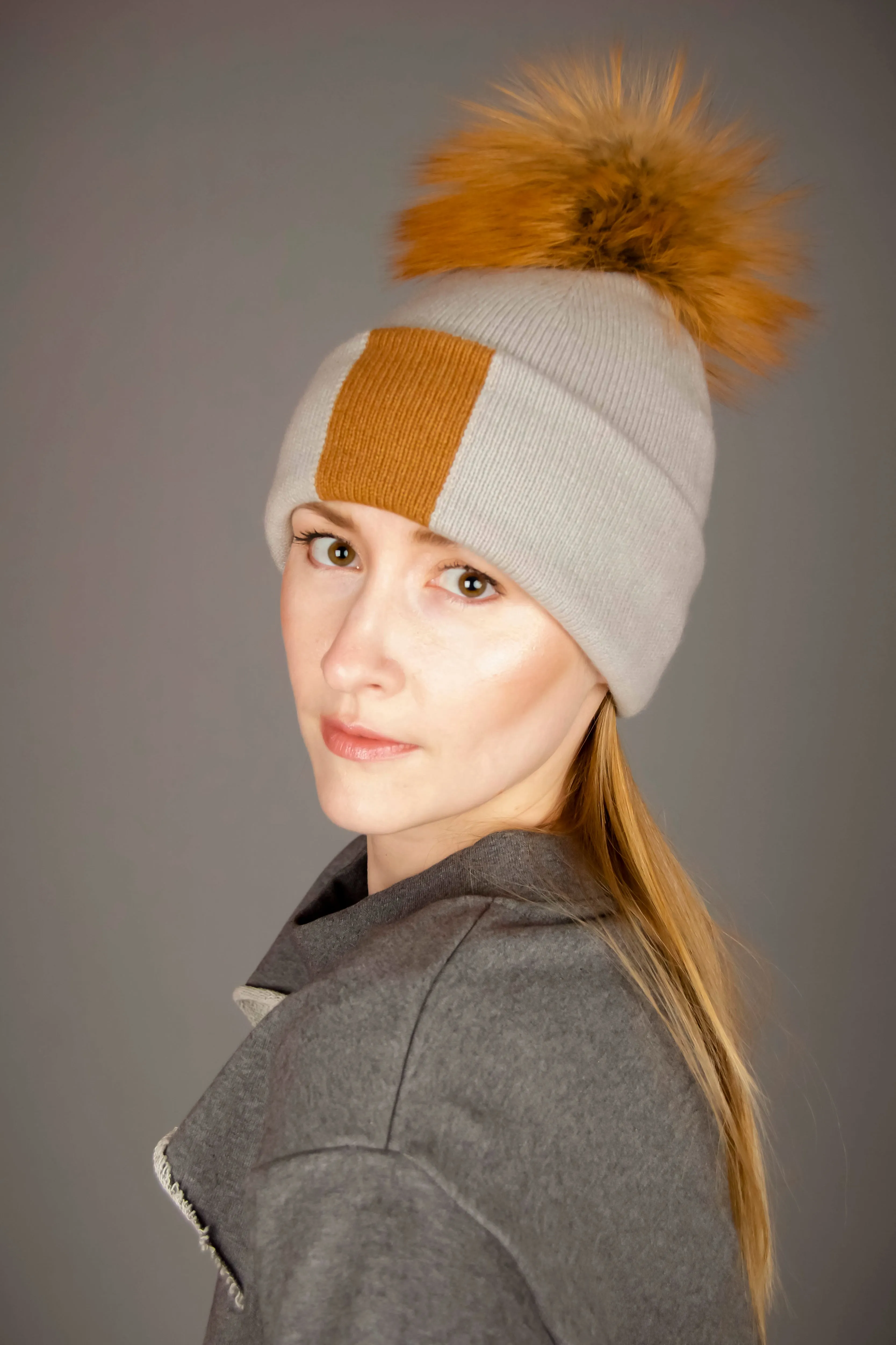 Reversible Slouchy Grey & Caramel Striped Cashmere Hat with Light Caramel Pom-Pom