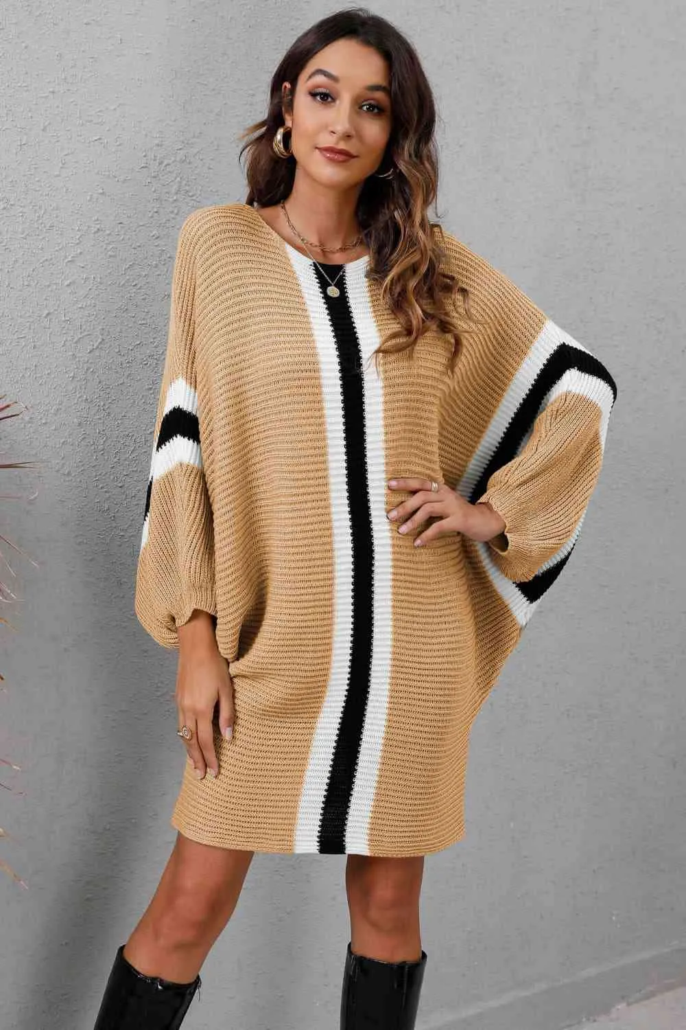 Ribbed Round Neck Long Sleeve Sweater Dress