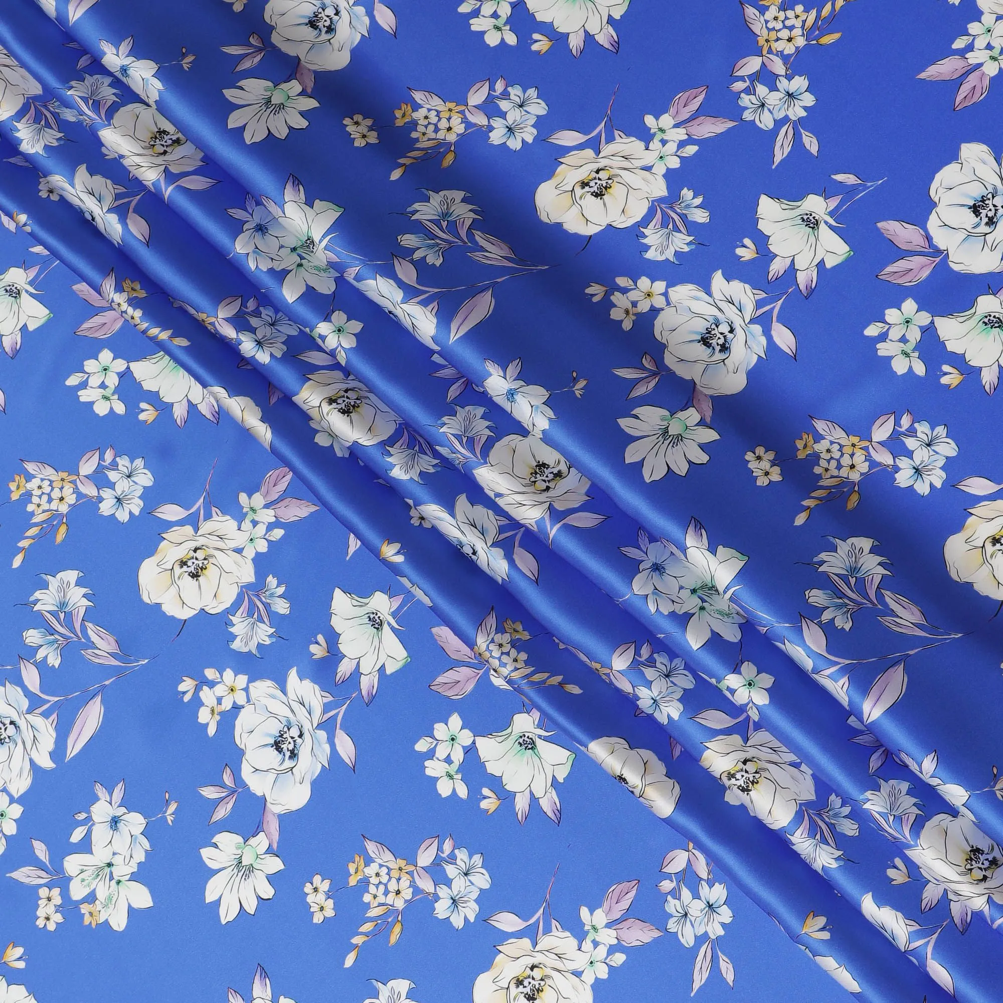 Royal Azure Silk Satin Fabric - Exquisite Italian Floral Design, 140cm Wide - Shop Online-D18321