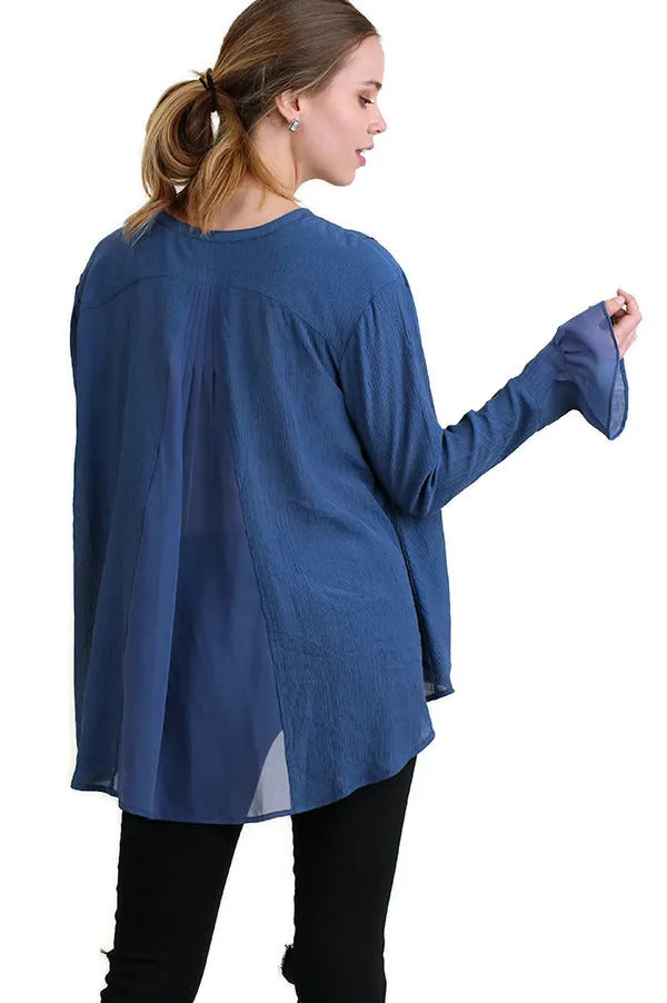 Ruffled Sleeve Keyhole Top, Slate Blue