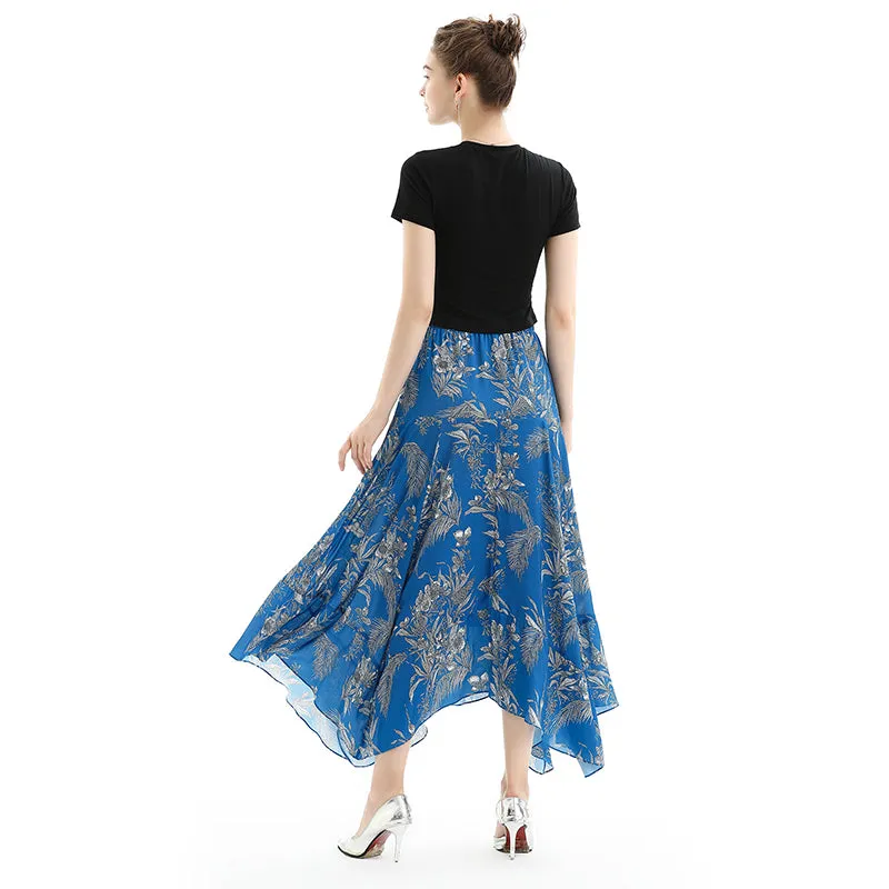 S068 Women floral print asymmetric panelled long flare handkerchief skirt