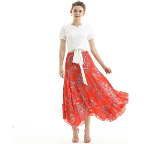 S068 Women floral print asymmetric panelled long flare handkerchief skirt