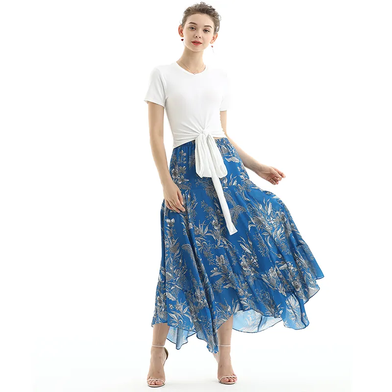 S068 Women floral print asymmetric panelled long flare handkerchief skirt