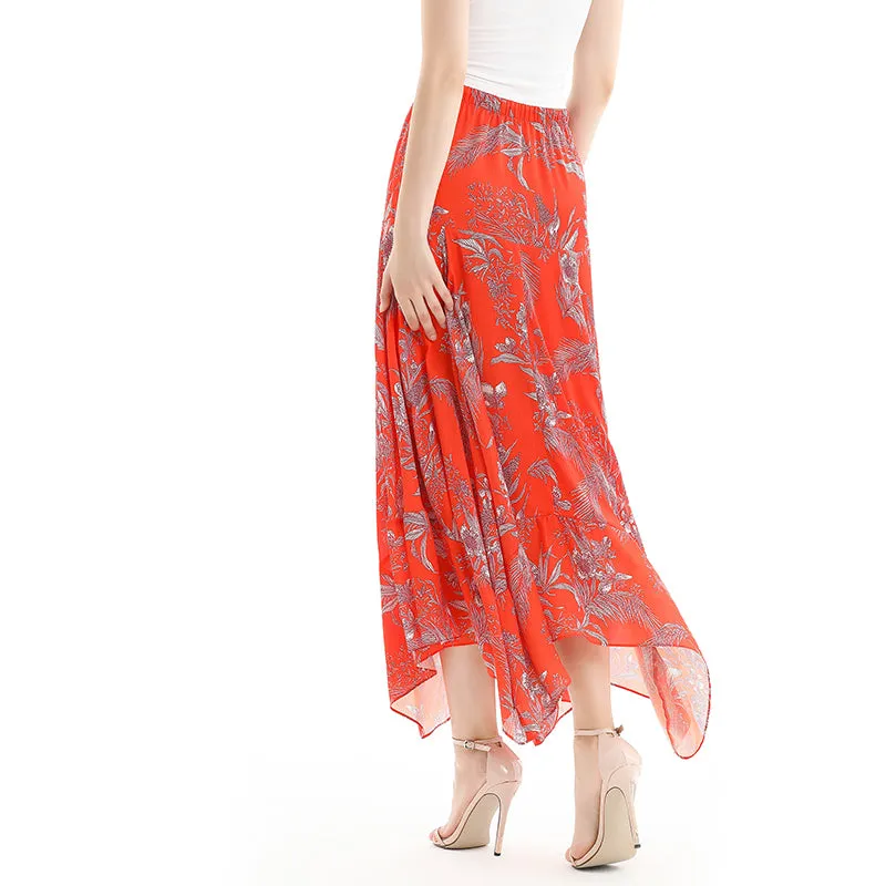 S068 Women floral print asymmetric panelled long flare handkerchief skirt