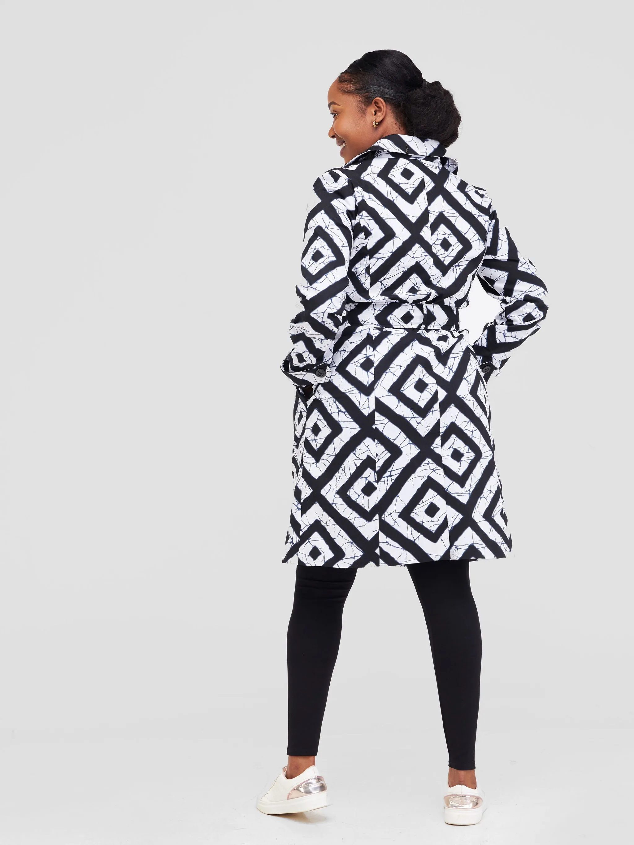 Safari Anga Trench Coat - Black / White Ankara Print