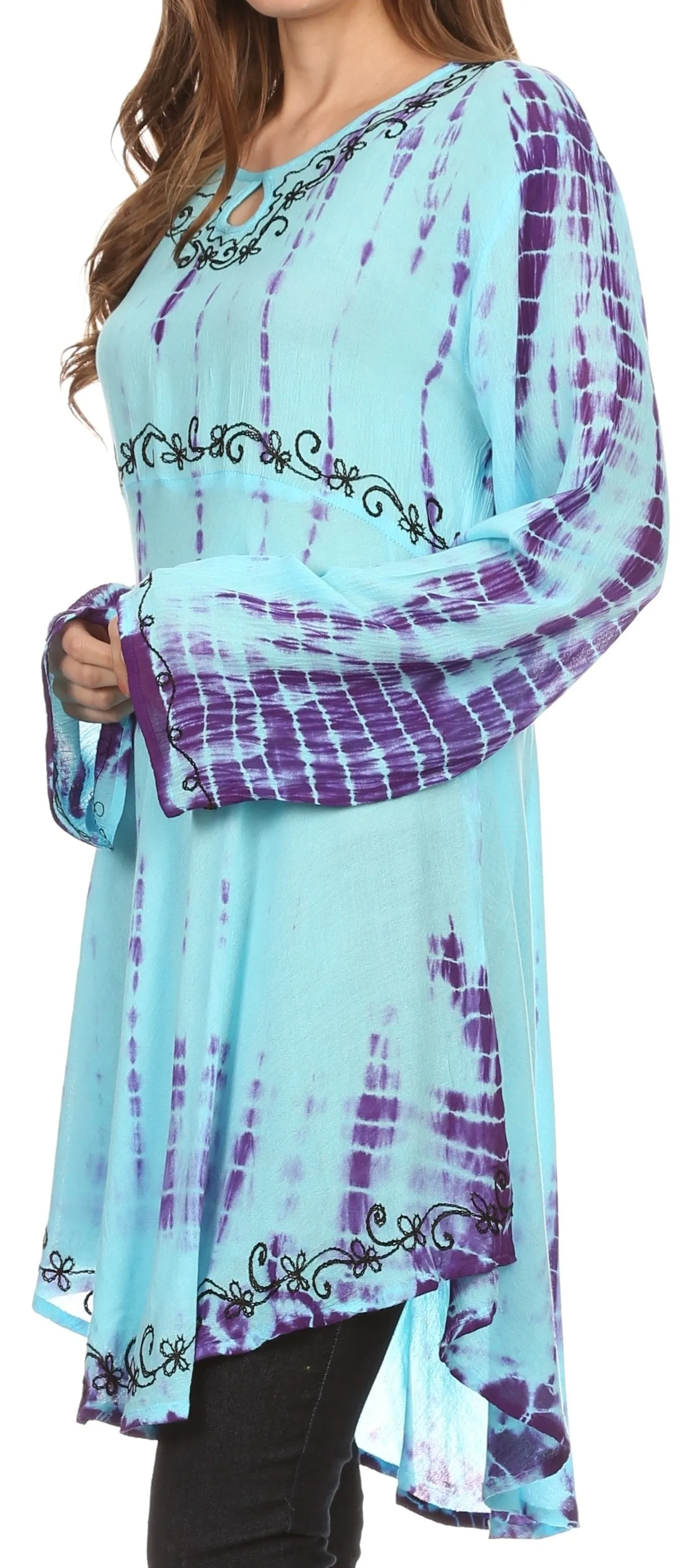 Sakkas Arissa Long Sleeved Tunic Blouse Embroidered Tie Dye Circle Dress / Cover Up