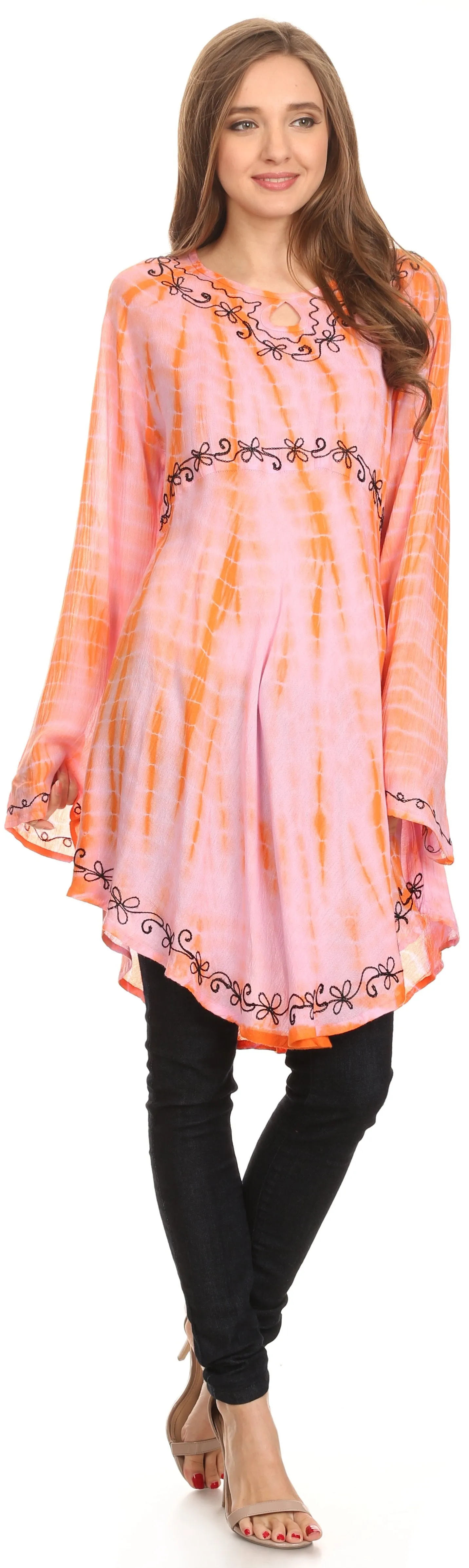 Sakkas Arissa Long Sleeved Tunic Blouse Embroidered Tie Dye Circle Dress / Cover Up