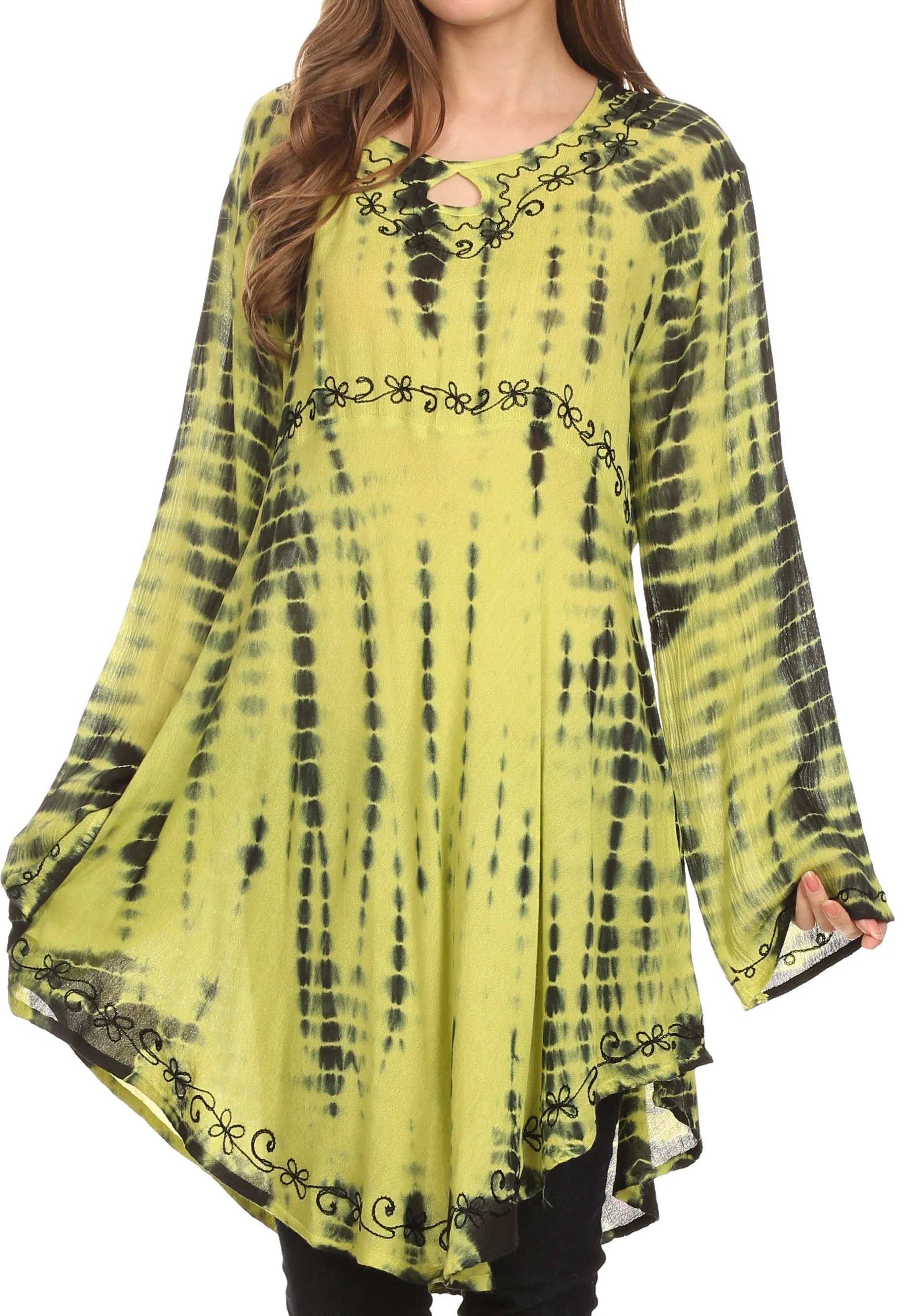 Sakkas Arissa Long Sleeved Tunic Blouse Embroidered Tie Dye Circle Dress / Cover Up