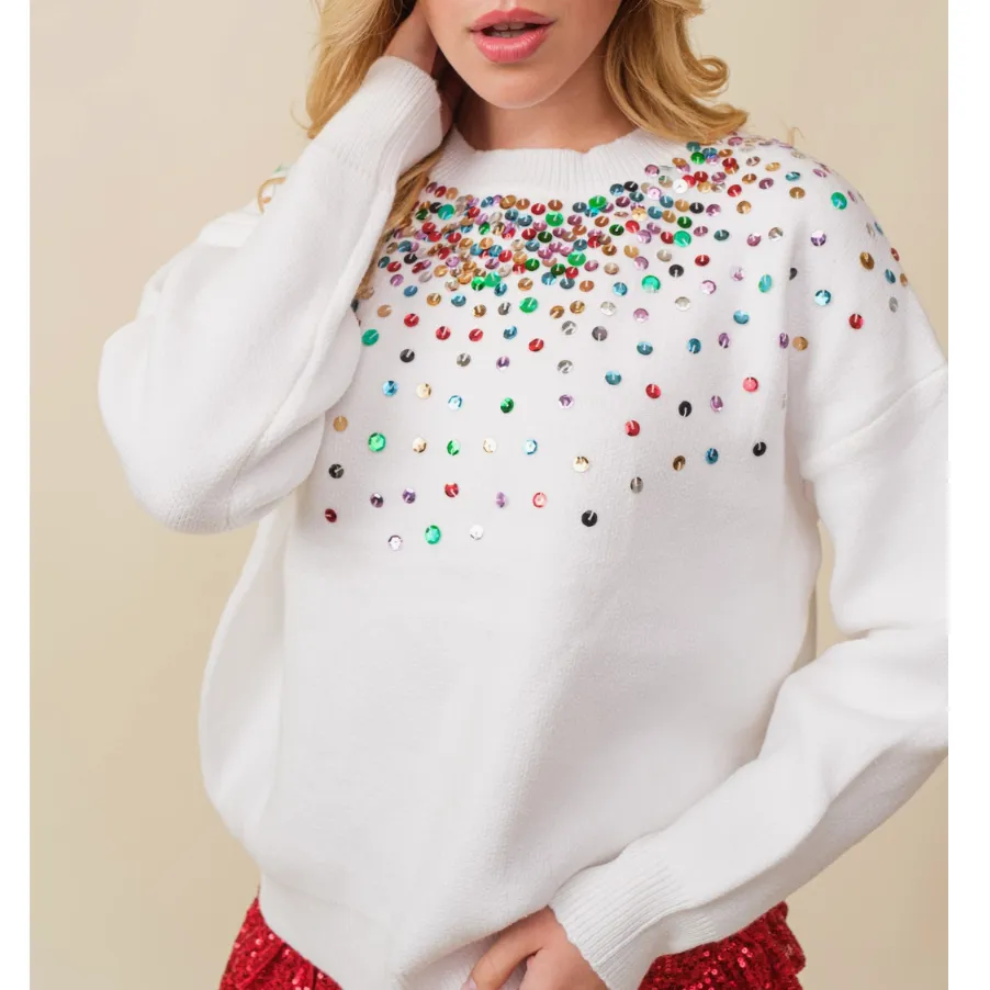 Sequins & Sparkle White Trim Sweater