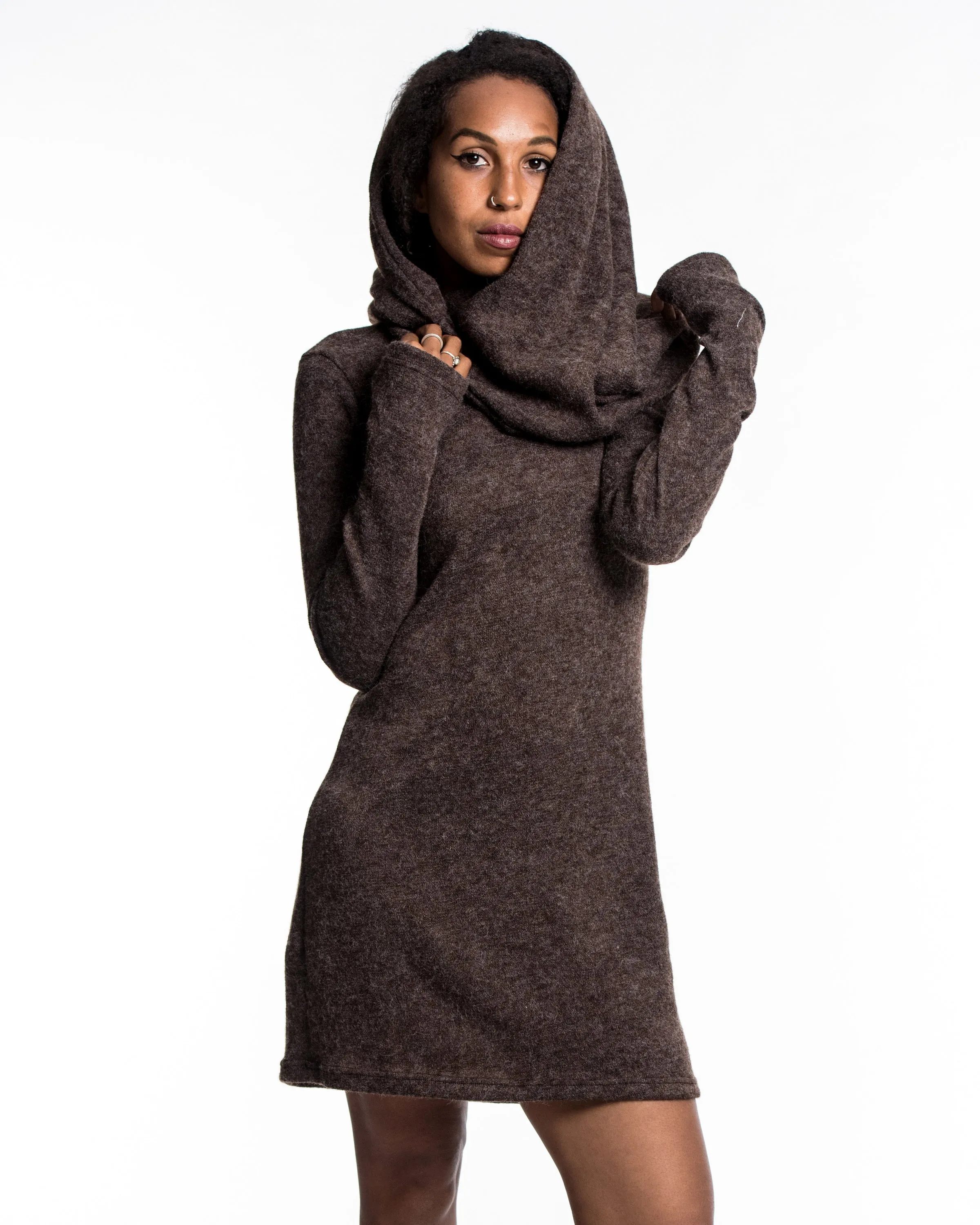 Shawl Hoodie Combo Sweater Dress in Brown