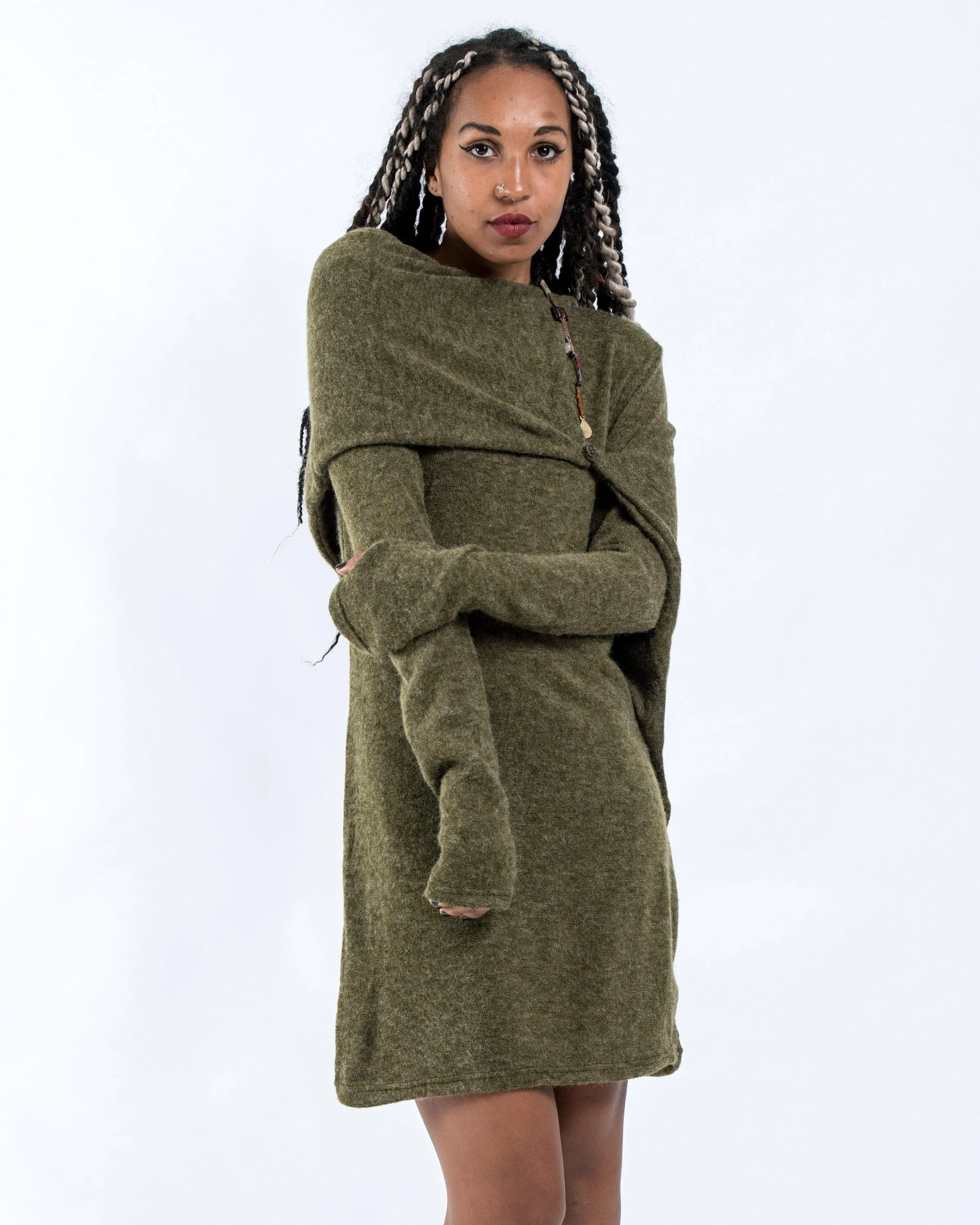 Shawl Hoodie Combo Sweater Dress in Green