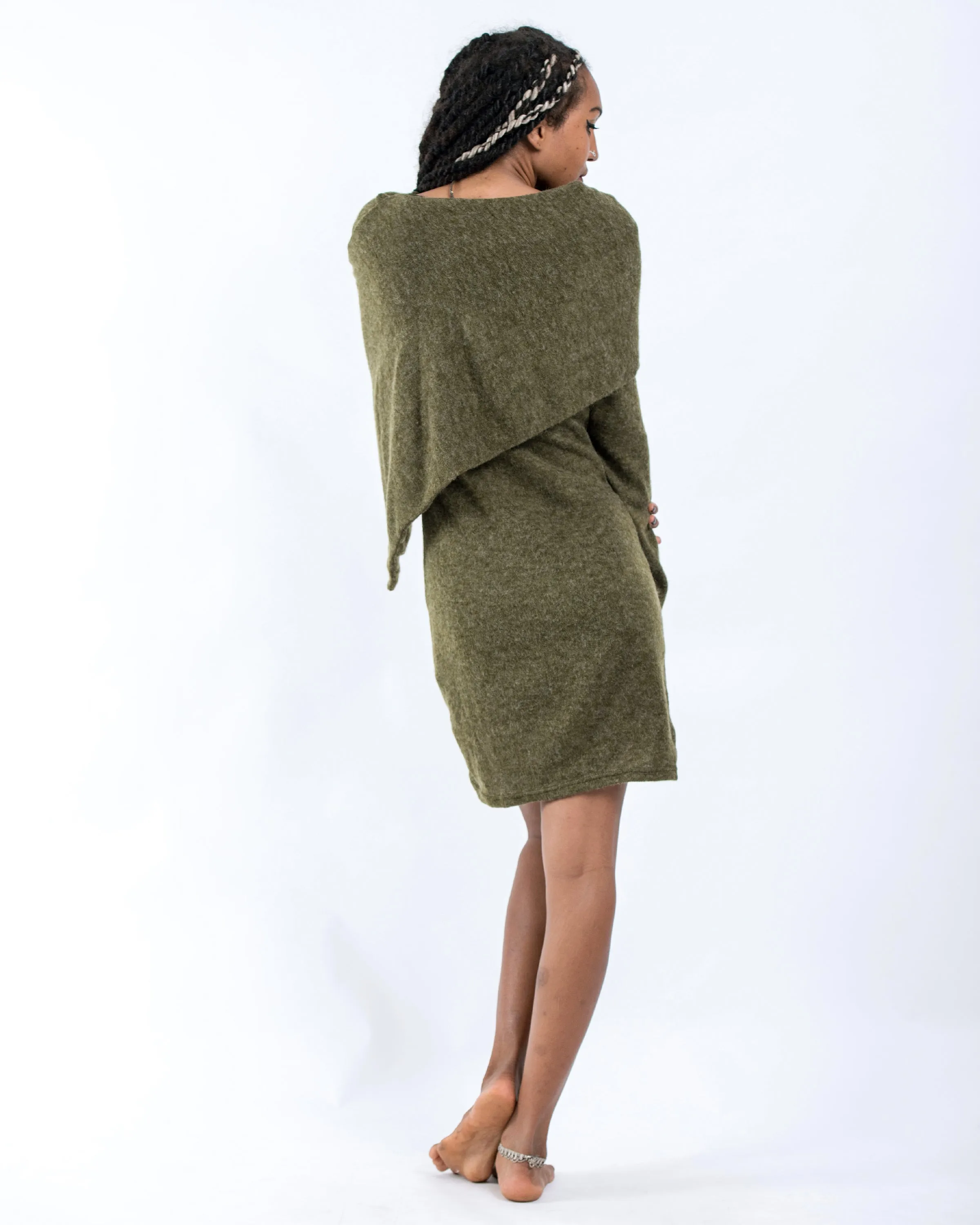 Shawl Hoodie Combo Sweater Dress in Green