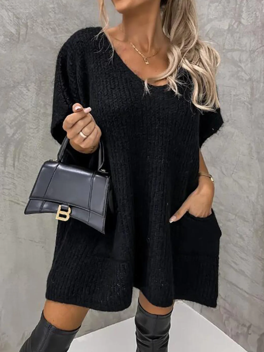 Short Sleeve Sweater Dress with Pockets