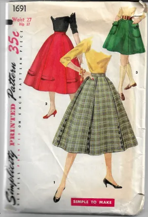 Simplicity 1691 Gore Skirt Cocktail Length Vintage Sewing Pattern 1950s