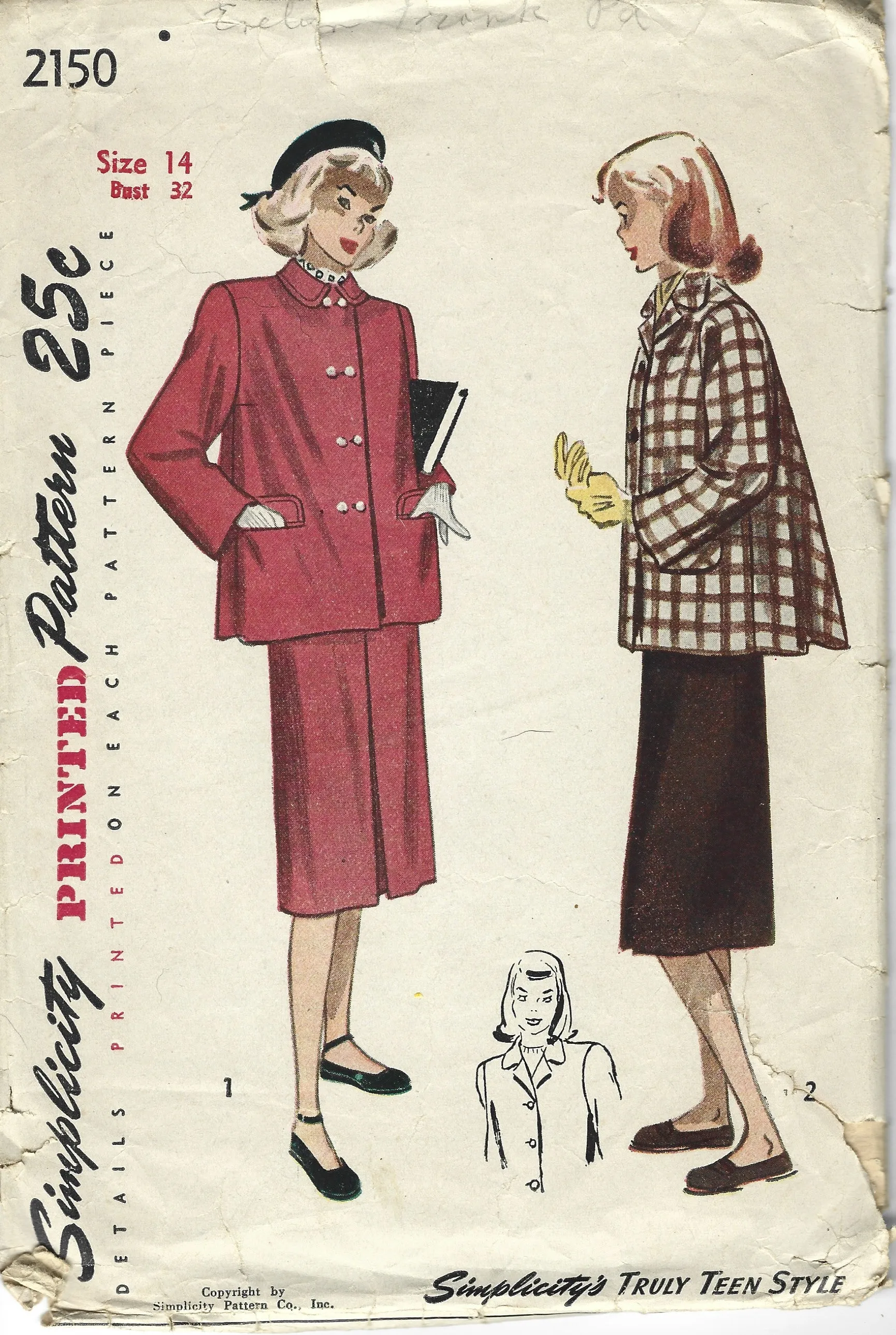 Simplicity 2150 Teen Suit Jacket Skirt Vintage Sewing Pattern 1940s