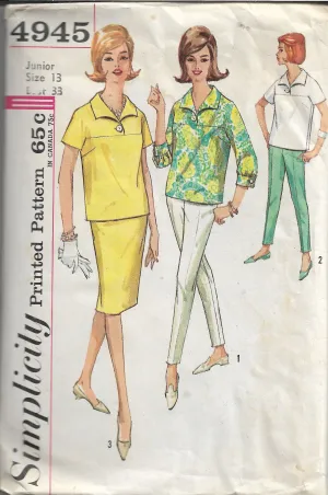 Simplicity 4945 Vintage Sewing Pattern 1960s Ladies Blouse Pants Skirt Junior