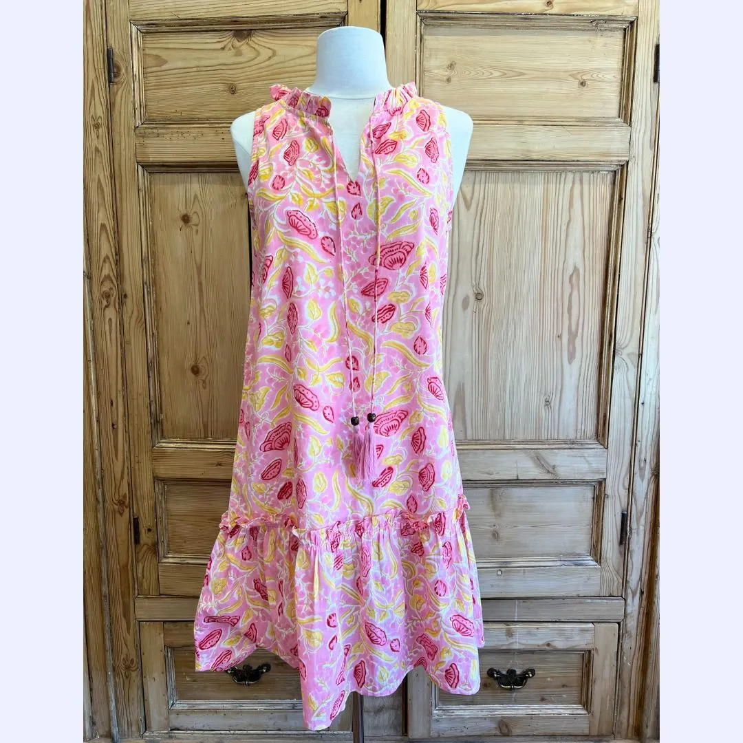 Sleeveless Pink & Yellow Floral With Tassel Tie Neckline