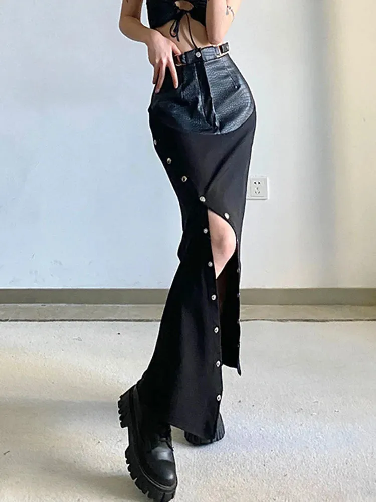 Solid Spliced Leather Skirts For Women High Waist Patchwork Button Split Streetwear Skirt Female Fashion Clothing