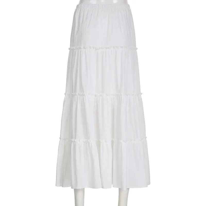 Stitching Casual Frill White Loose Maxi Skirt Korean Clothes Chic Beach Vacation Female Skirts Outfits Y2K Solid New