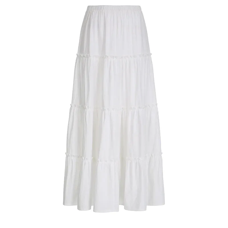 Stitching Casual Frill White Loose Maxi Skirt Korean Clothes Chic Beach Vacation Female Skirts Outfits Y2K Solid New