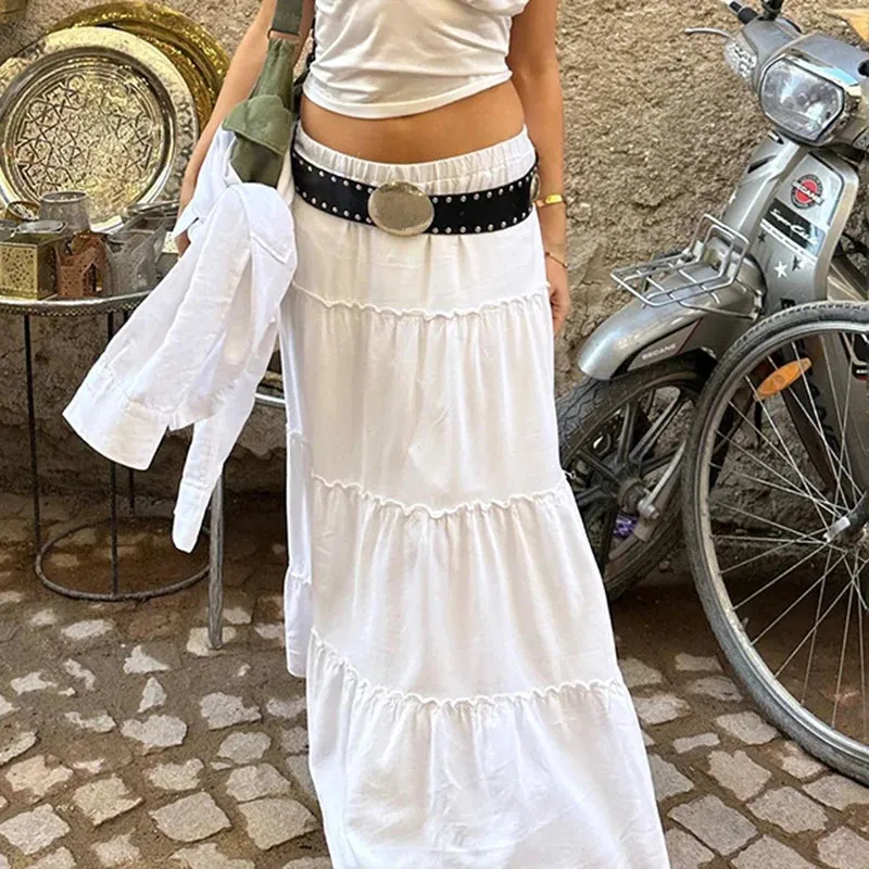 Stitching Casual Frill White Loose Maxi Skirt Korean Clothes Chic Beach Vacation Female Skirts Outfits Y2K Solid New