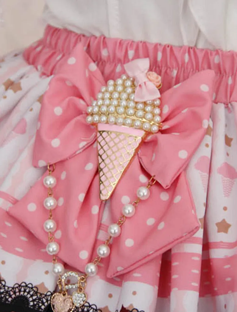 Strawberry & Icecream Printed Short Skirt Sweet Elastic Waist A line Lolita Skirt