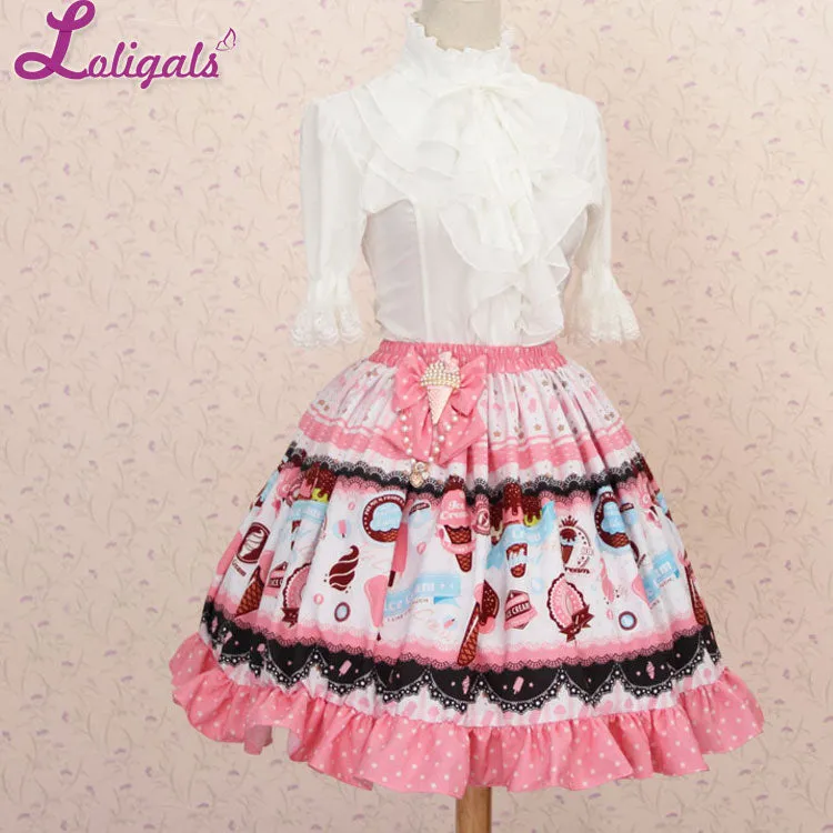 Strawberry & Icecream Printed Short Skirt Sweet Elastic Waist A line Lolita Skirt