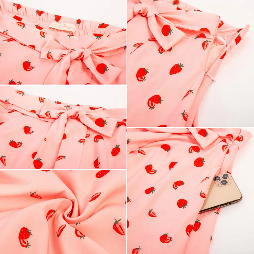 Strawberry Printed Belt Decorated with Attached Briefs High Waist A-Line Skirt With Pockets