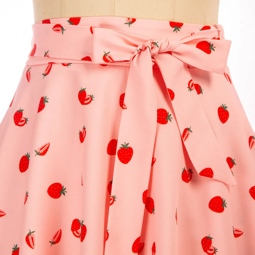 Strawberry Printed Belt Decorated with Attached Briefs High Waist A-Line Skirt With Pockets